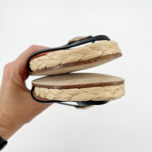 NWOB Prada Black Leather Triangle Logo Plaque Raffia Strappy Flat Sandal IT 39 - Picture 4 of 11